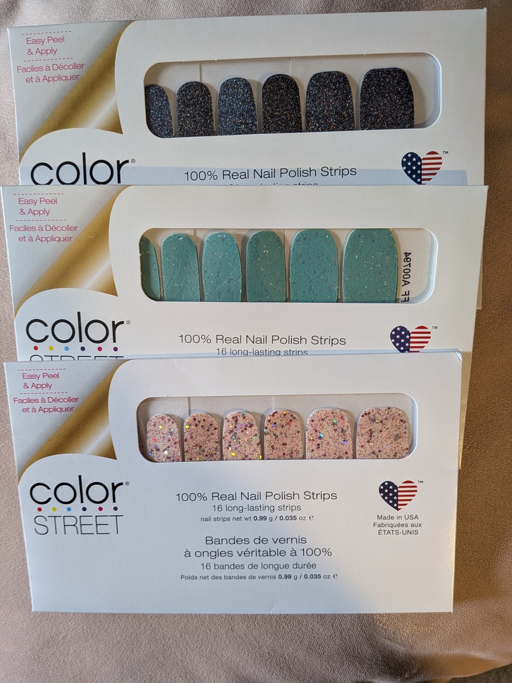 Color Street Trio Glitter Nail Polish Strips Green Pink Black Three Sets New